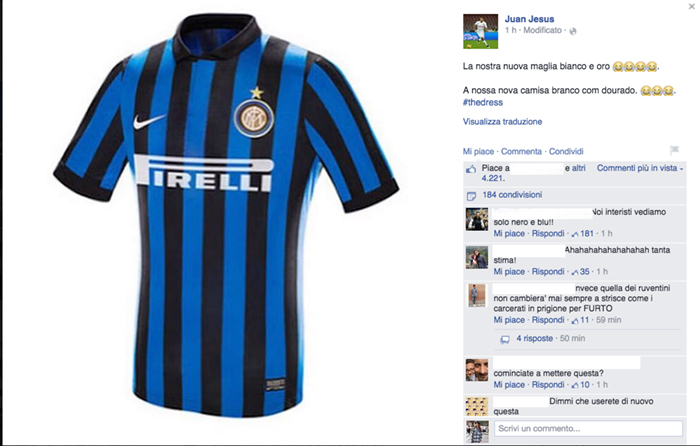 Juan Jesus Inter, #TheDress: i geni del marketing (e non solo) sempre sul pezzo, #thedress, brand #thedress, meme #thedress, white and gold, black and blue, #whiteandgold #blackandblue,