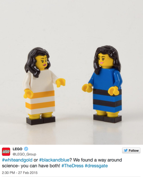 Lego, #TheDress: i geni del marketing (e non solo) sempre sul pezzo, #thedress, brand #thedress, meme #thedress, white and gold, black and blue, #whiteandgold #blackandblue,