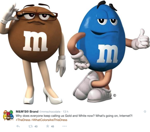 M&M's, #TheDress: i geni del marketing (e non solo) sempre sul pezzo, #thedress, brand #thedress, meme #thedress, white and gold, black and blue, #whiteandgold #blackandblue,